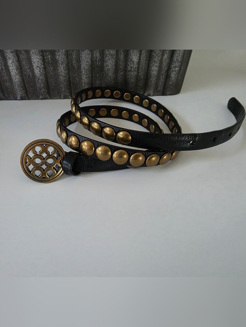 Coach Studded Leather Skinny Belt Black Brass Logo Buckle Medium - Picture 3 of 9
